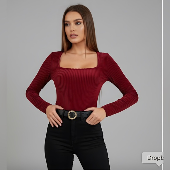 Burgundy Rib-knit Velvet Tee - Picture 4 of 9